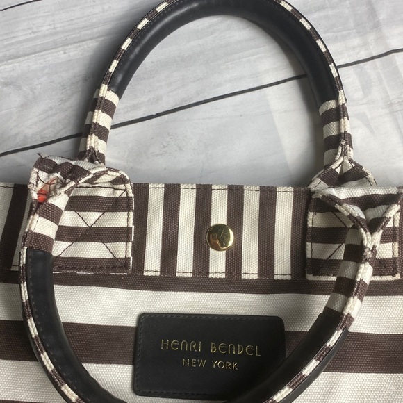 Henri Bendel Striped Canvas Tote Bag Brown White Signature Large - Picture 15 of 15